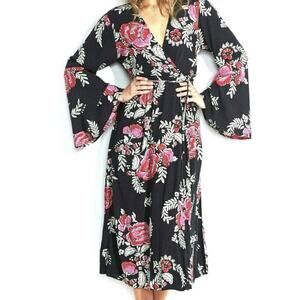 Billabong Women's Floral Whispers Wrap Dress Size Med Black Multi Bell Sleeves